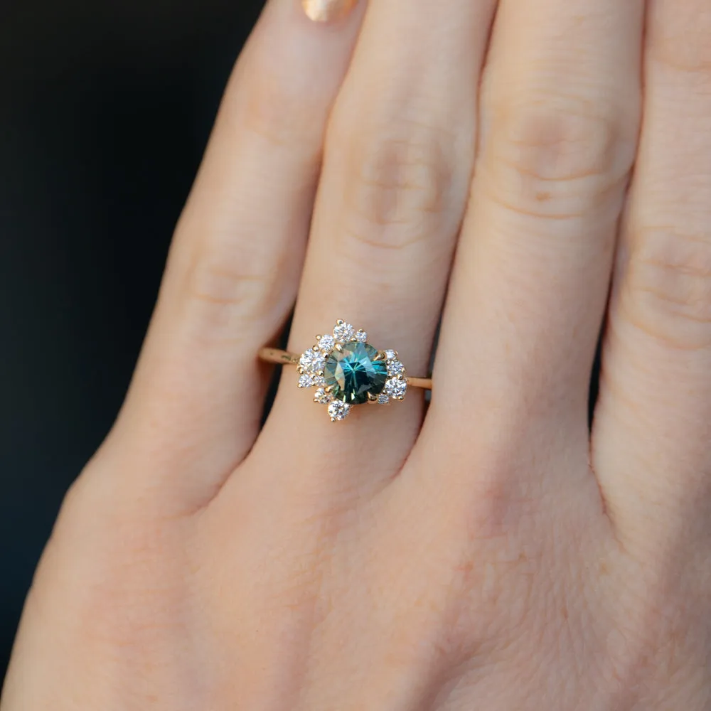 1.15ct Round Teal Madagascar Sapphire and Diamond Asymmetrical Cluster Ring in 14k Yellow Gold