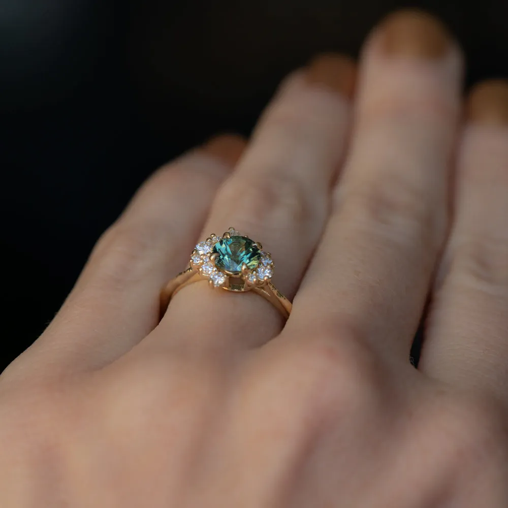 1.15ct Round Teal Madagascar Sapphire and Diamond Asymmetrical Cluster Ring in 14k Yellow Gold