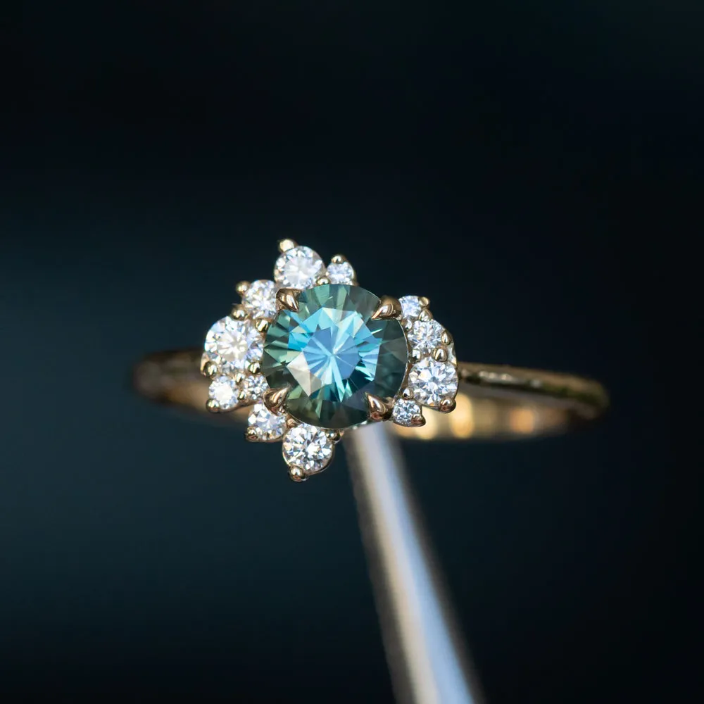 1.15ct Round Teal Madagascar Sapphire and Diamond Asymmetrical Cluster Ring in 14k Yellow Gold