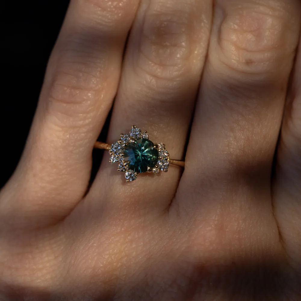 1.15ct Round Teal Madagascar Sapphire and Diamond Asymmetrical Cluster Ring in 14k Yellow Gold