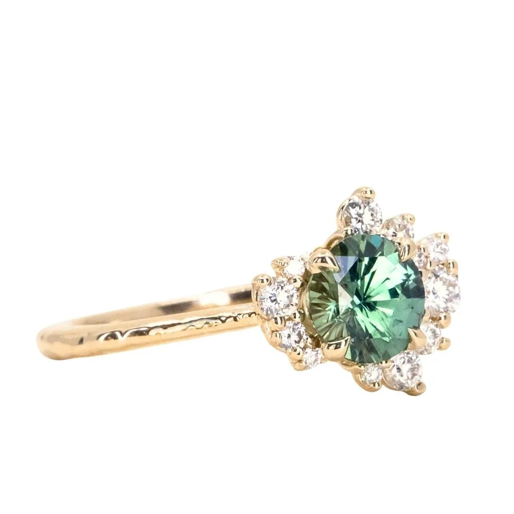 1.15ct Round Teal Madagascar Sapphire and Diamond Asymmetrical Cluster Ring in 14k Yellow Gold