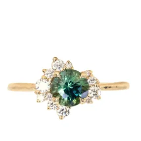 1.15ct Round Teal Madagascar Sapphire and Diamond Asymmetrical Cluster Ring in 14k Yellow Gold