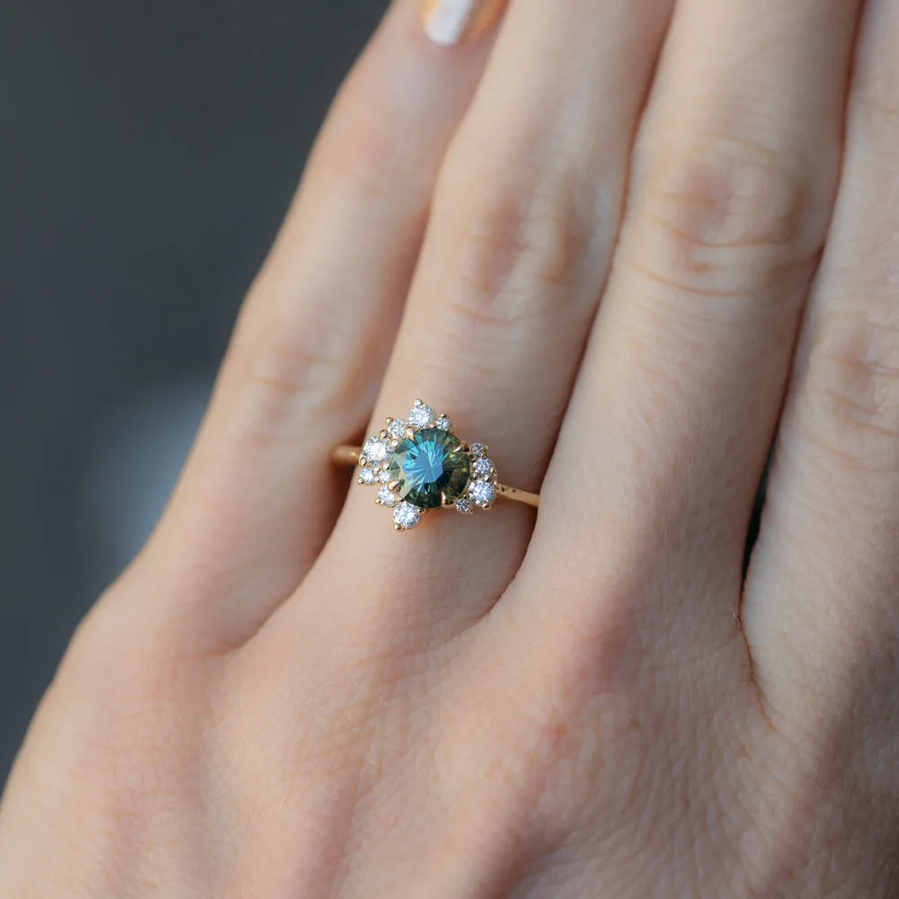 1.15ct Round Teal Madagascar Sapphire and Diamond Asymmetrical Cluster Ring in 14k Yellow Gold