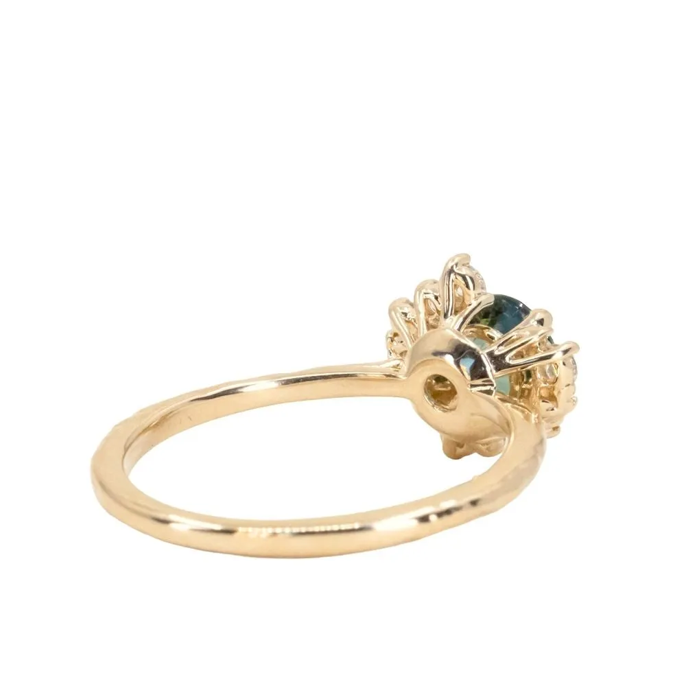 1.15ct Round Teal Madagascar Sapphire and Diamond Asymmetrical Cluster Ring in 14k Yellow Gold