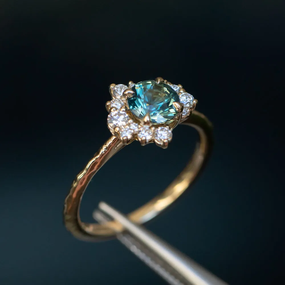 1.15ct Round Teal Madagascar Sapphire and Diamond Asymmetrical Cluster Ring in 14k Yellow Gold