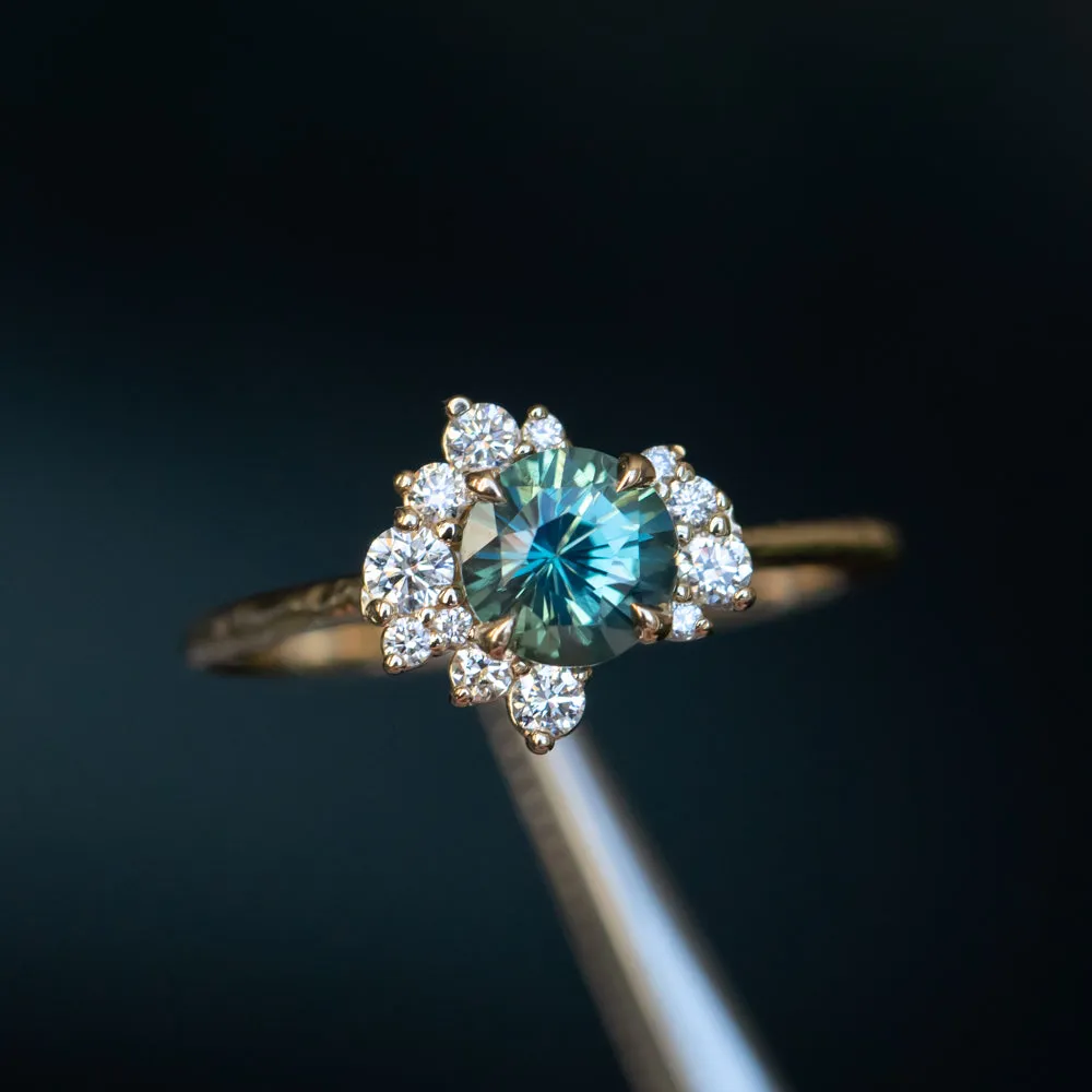 1.15ct Round Teal Madagascar Sapphire and Diamond Asymmetrical Cluster Ring in 14k Yellow Gold