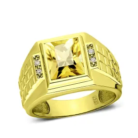 18K Gold Plated on 925 Solid Silver 4 Diamonds Mens Yellow Citrine Ring All Sz