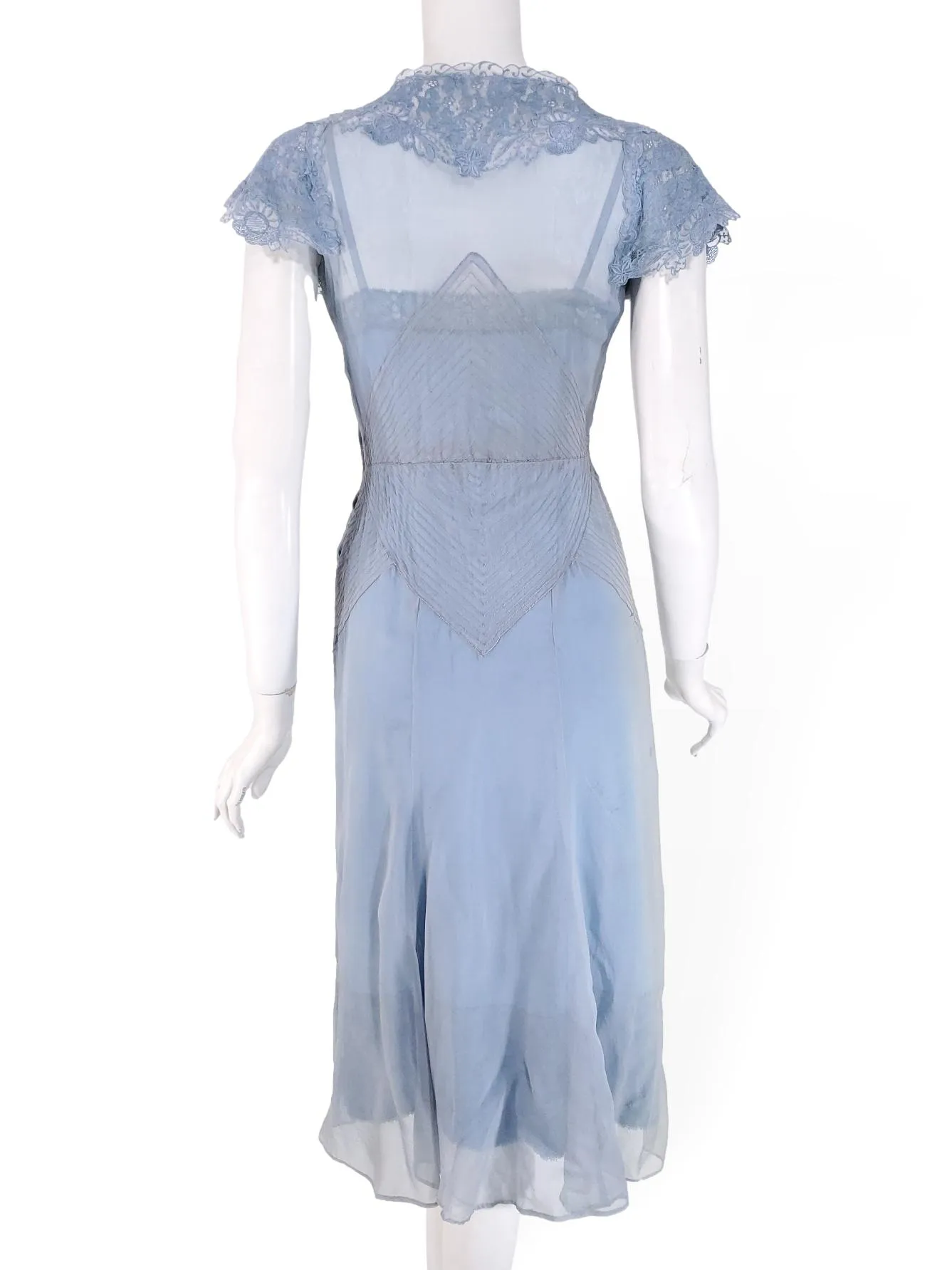 30s Dress, Belt & Bolero Set in Light Blue Silk Chiffon - xs, sm