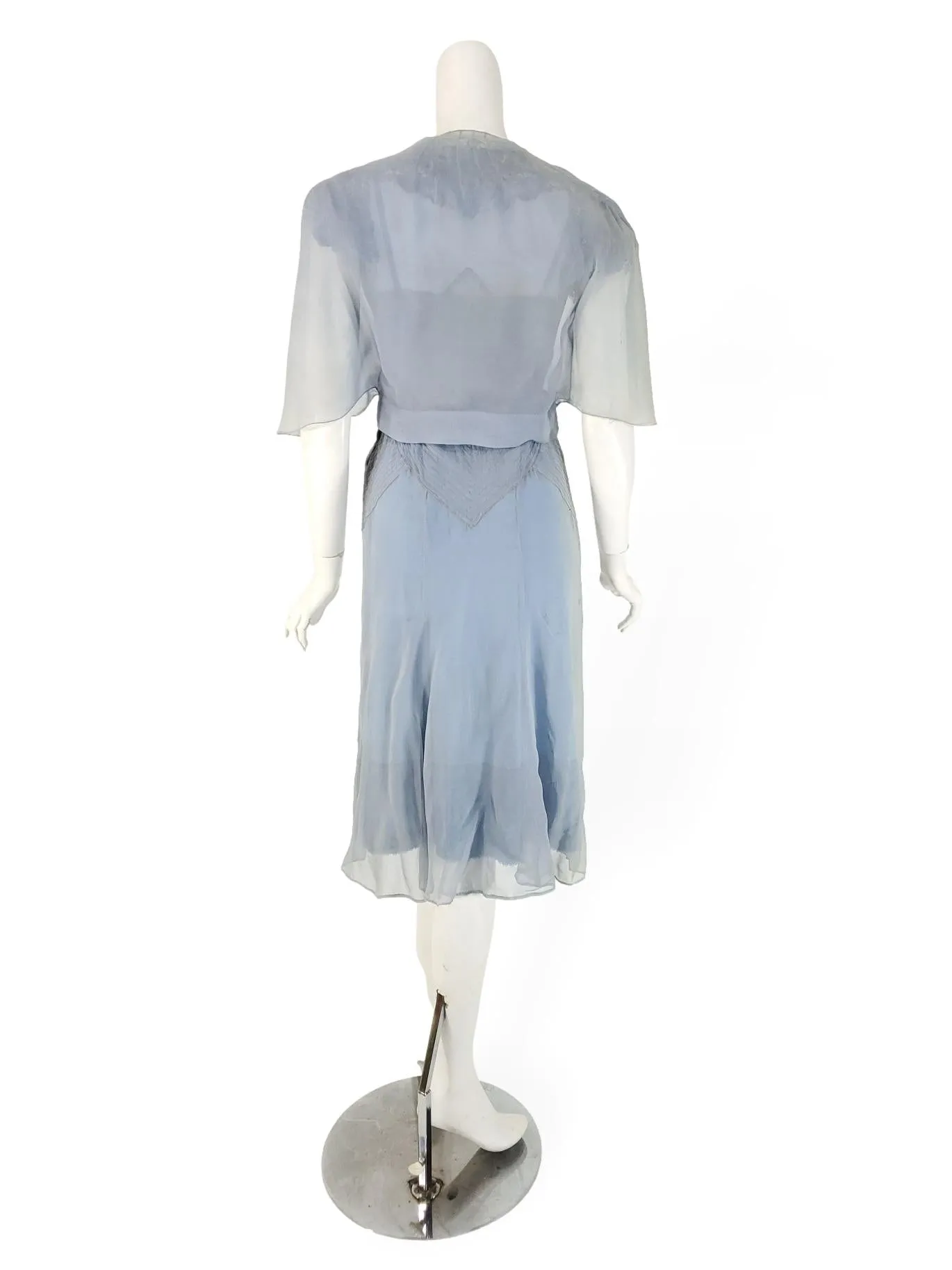 30s Dress, Belt & Bolero Set in Light Blue Silk Chiffon - xs, sm