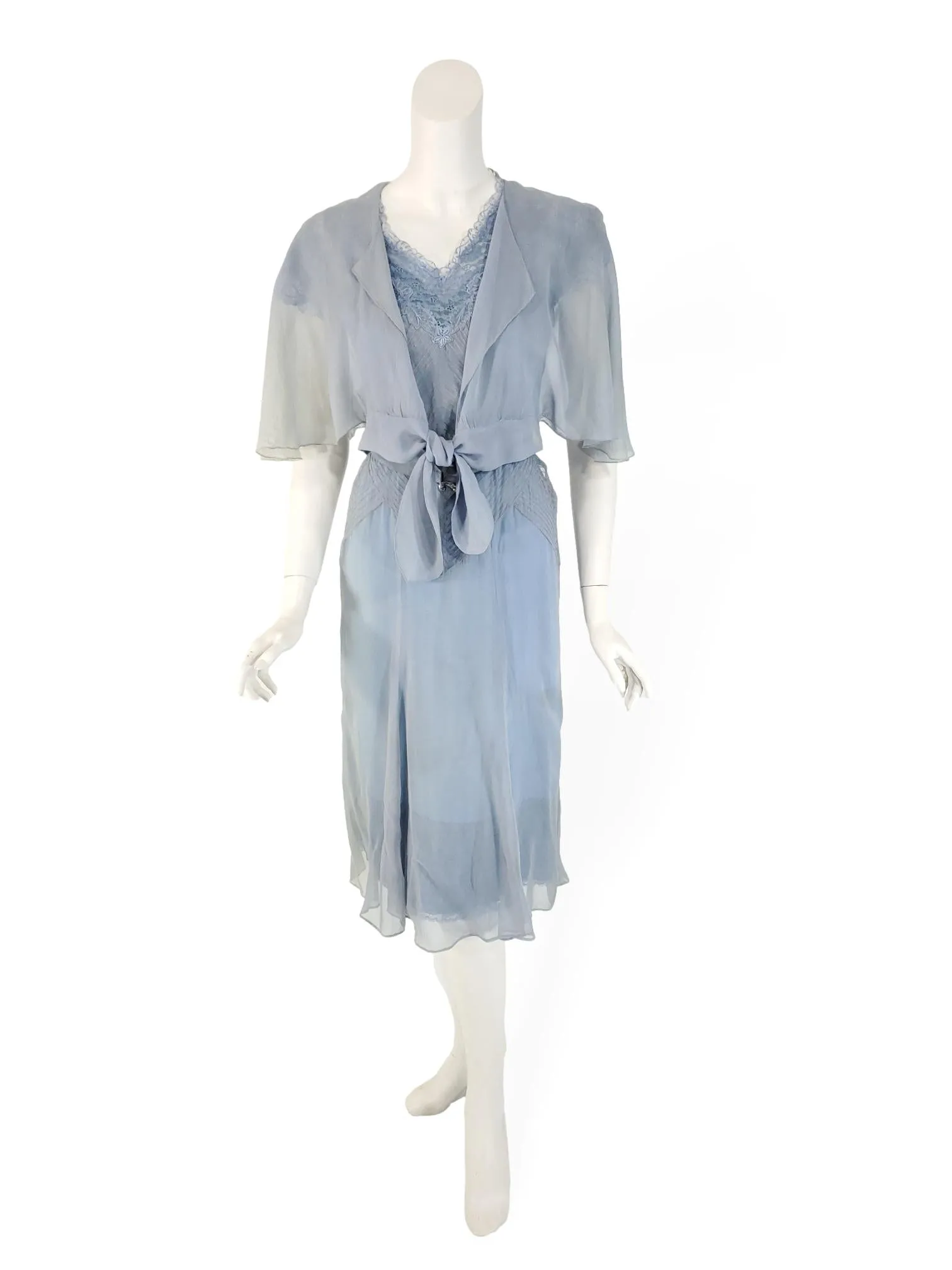 30s Dress, Belt & Bolero Set in Light Blue Silk Chiffon - xs, sm