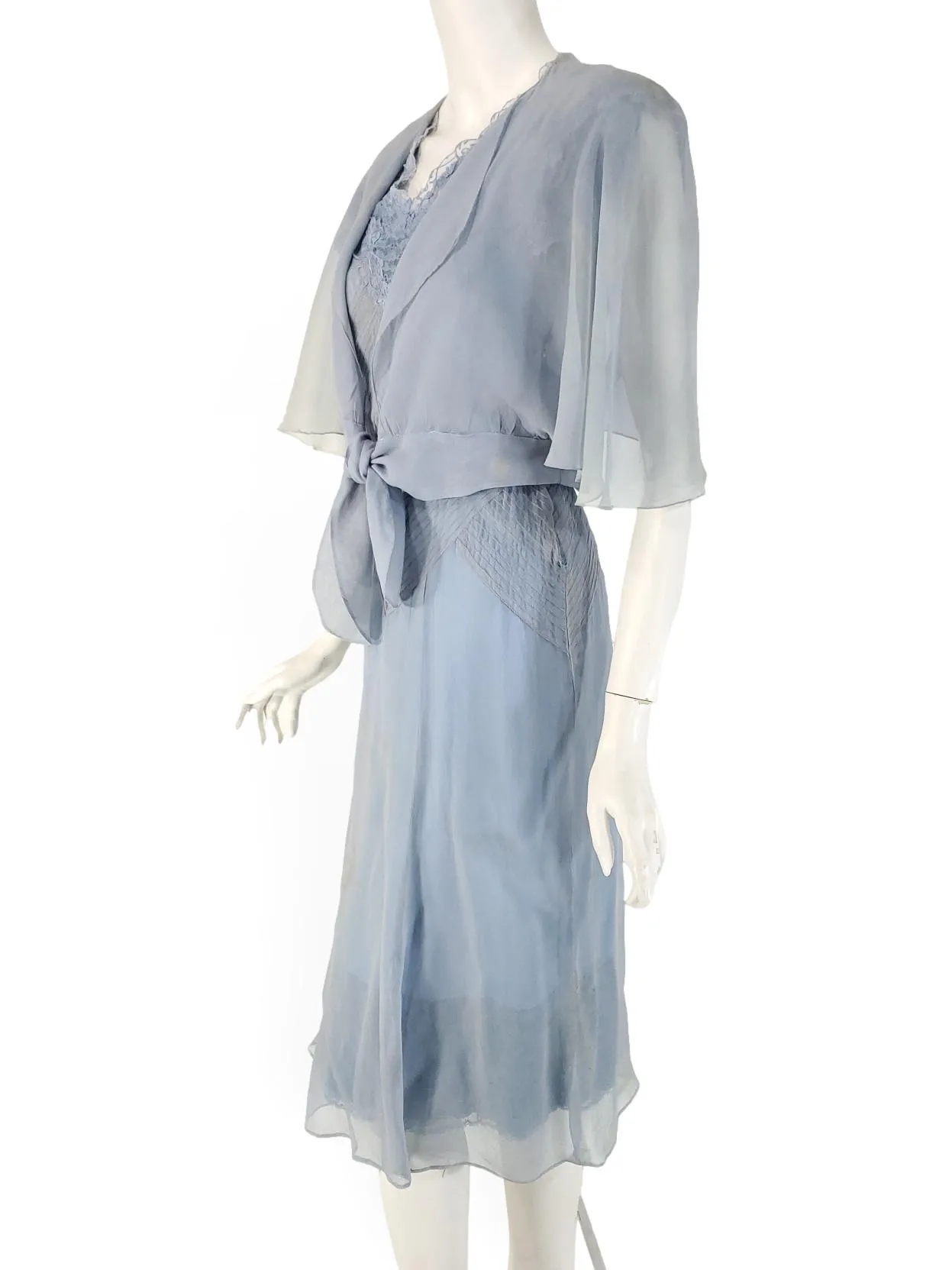 30s Dress, Belt & Bolero Set in Light Blue Silk Chiffon - xs, sm