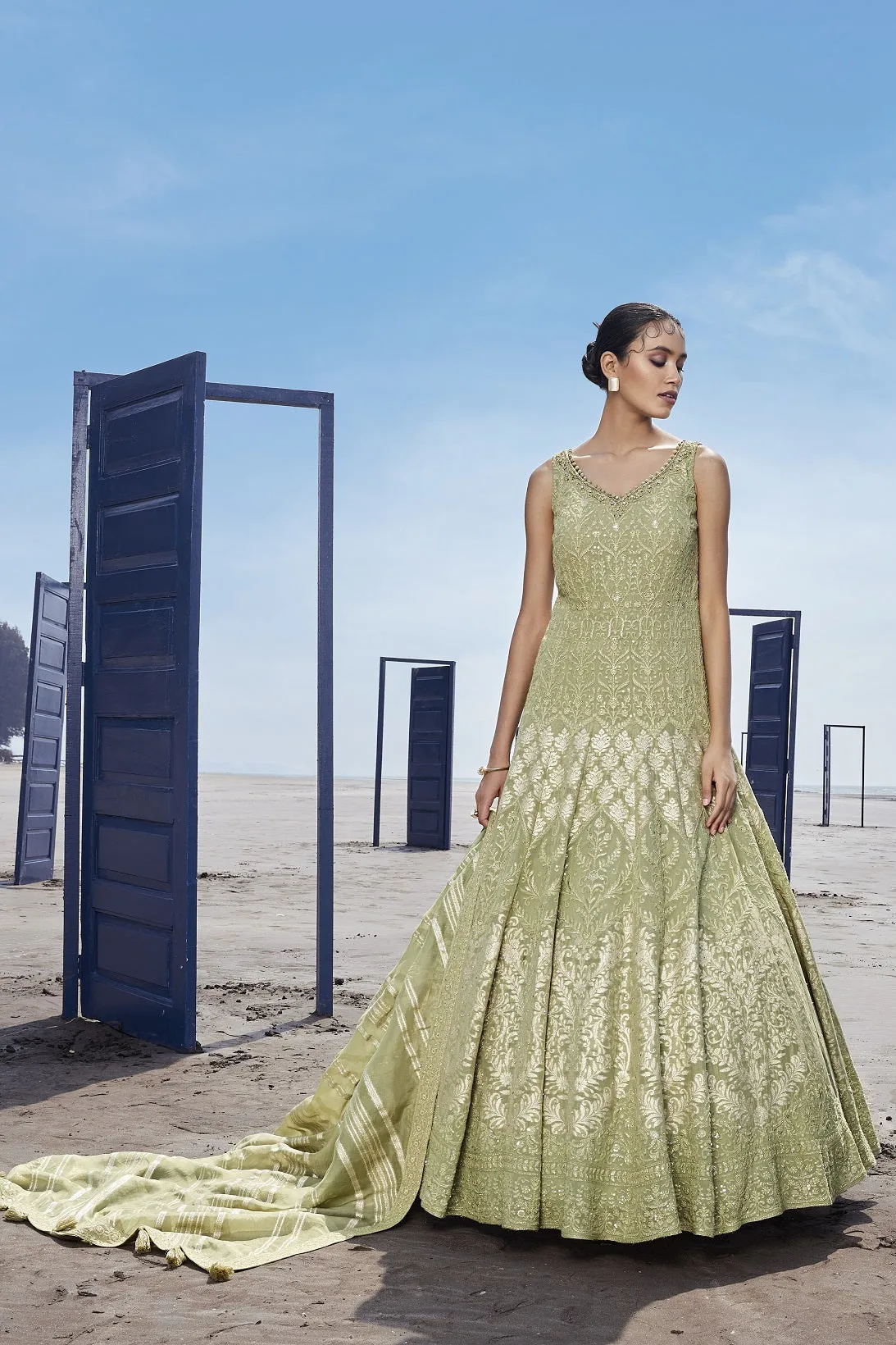 310080 Pista Green Heavy Embroidery Anarkali Suit with Dupatta