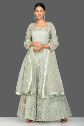 502417 Grey Stone and Resham Work Net Anarkali with Dupatta