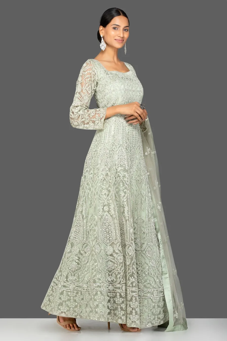 502417 Grey Stone and Resham Work Net Anarkali with Dupatta