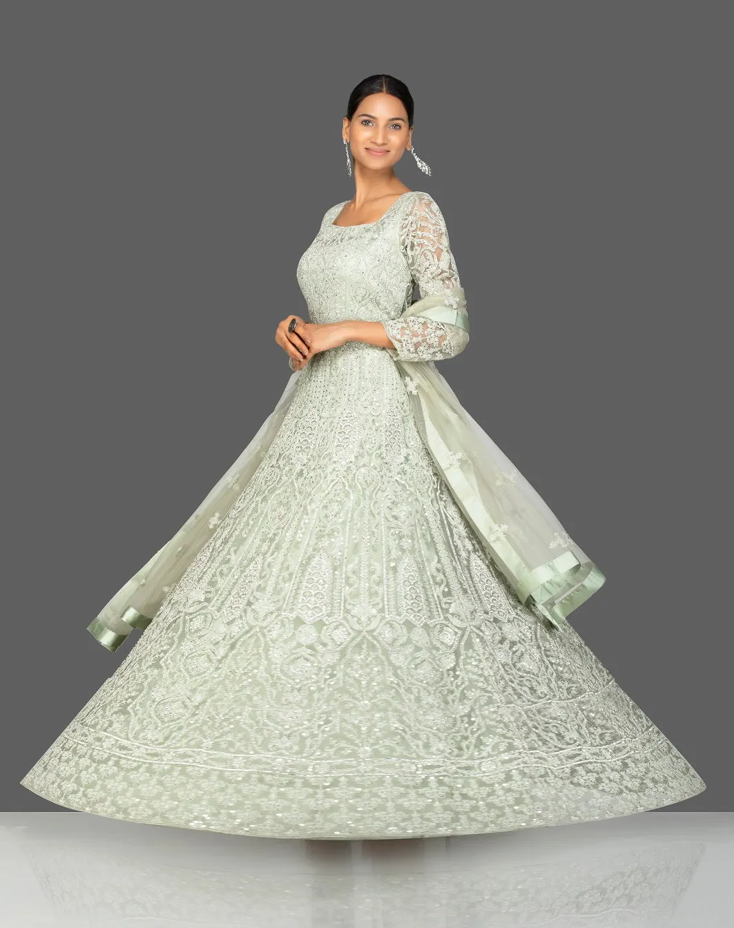 502417 Grey Stone and Resham Work Net Anarkali with Dupatta