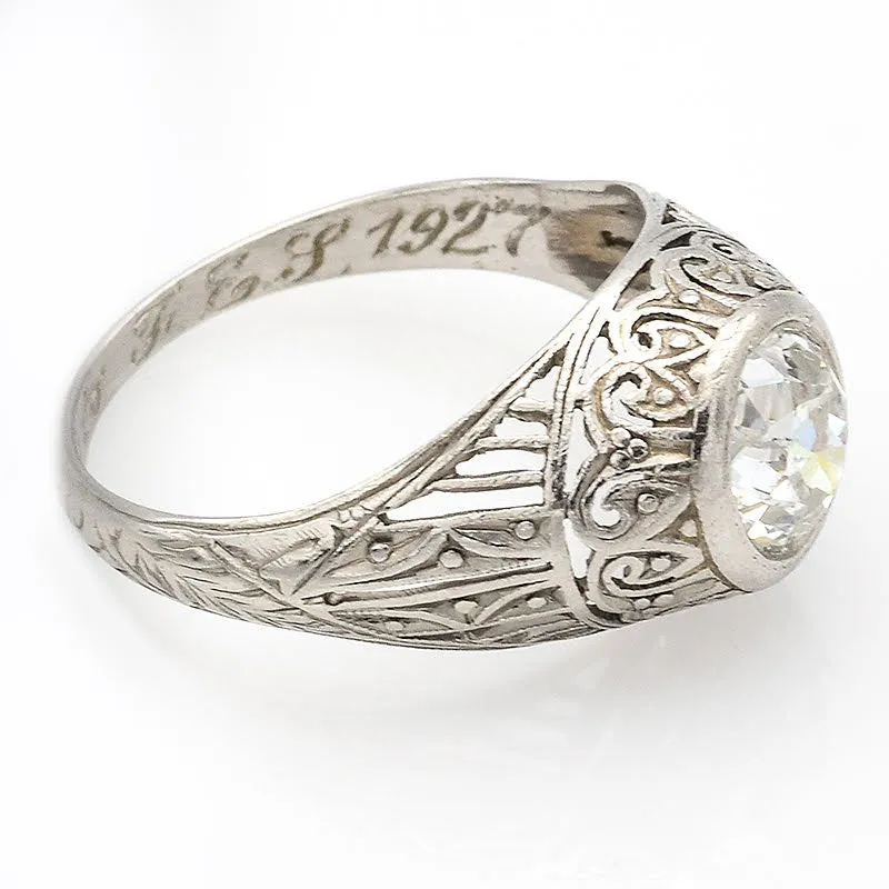 Antique Platinum 1.40 Ct Euro Cut Diamond Art Deco Band Ring