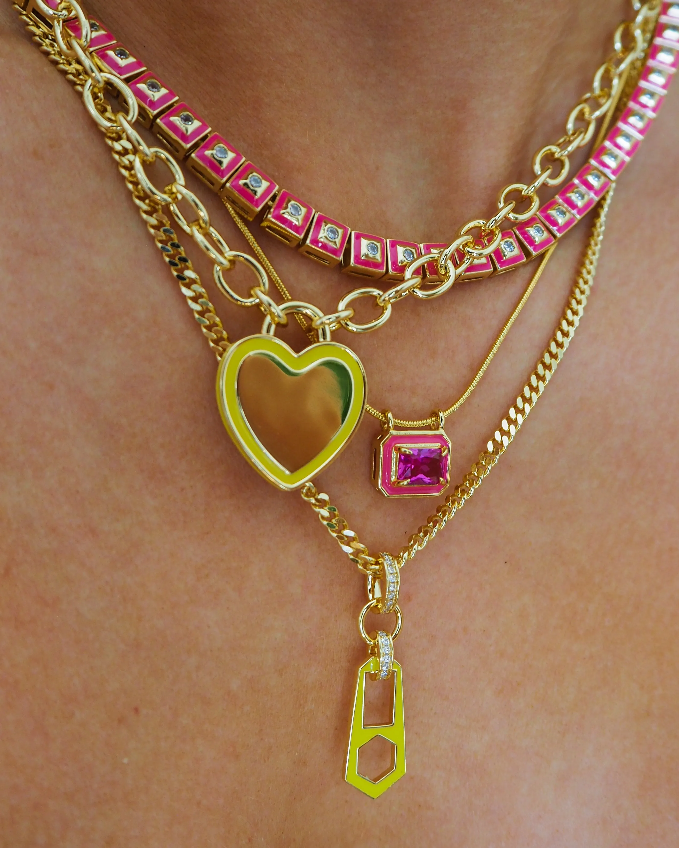 Bezel Pendant Necklace- Hot Pink- Gold