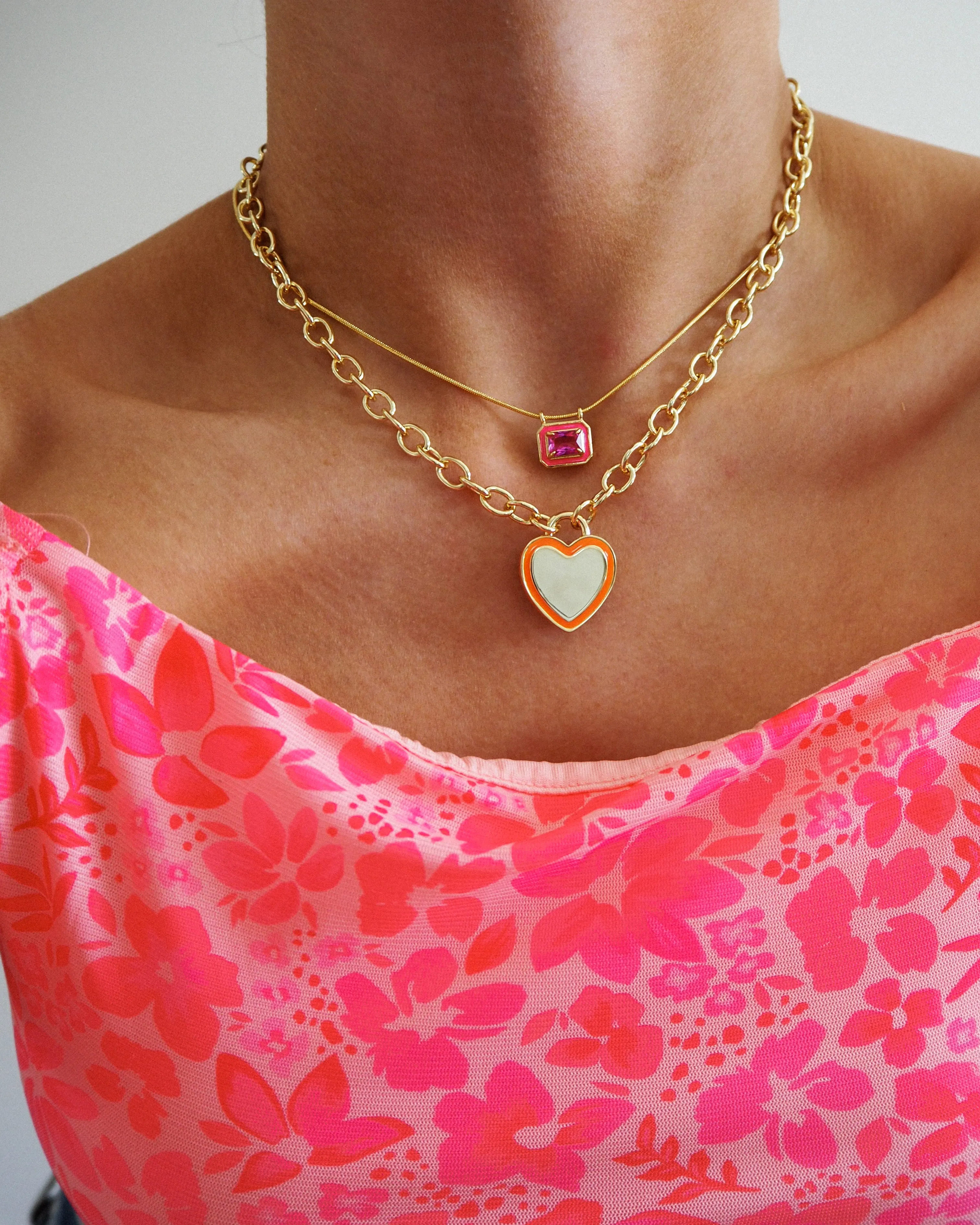 Bezel Pendant Necklace- Hot Pink- Gold