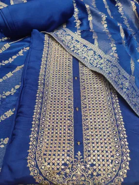 Blue Silk Unstitched Suit With Golden Embroidery