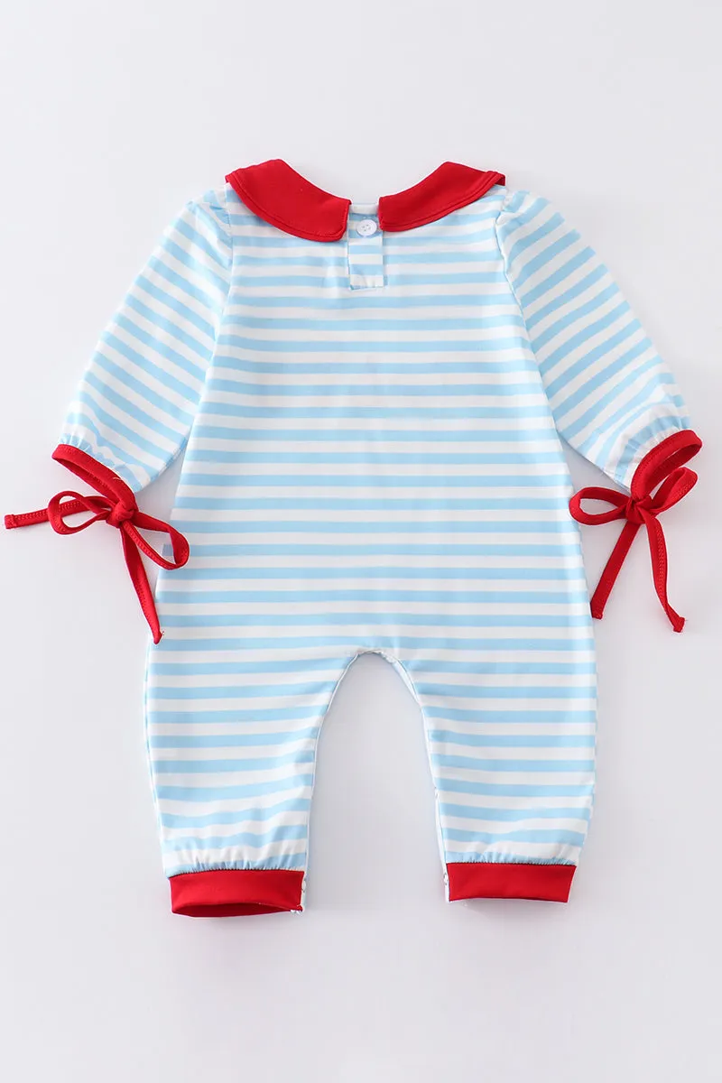 Blue stripe fire engine embroidery girl romper