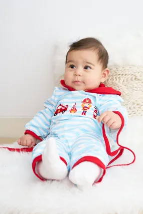 Blue stripe fire engine embroidery girl romper