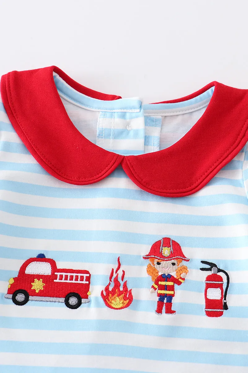 Blue stripe fire engine embroidery girl romper