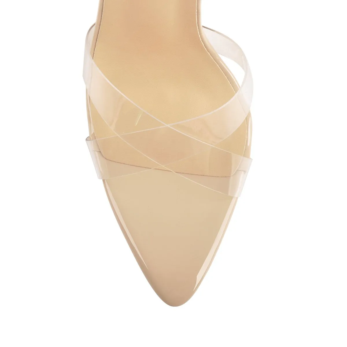 Clear Cross Band Pointy Open Toe Beige High Heel Sandals