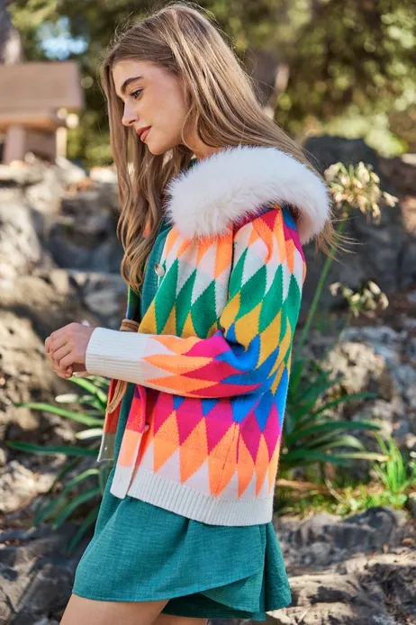 Colorful Diamond Faux Fur Cardigan