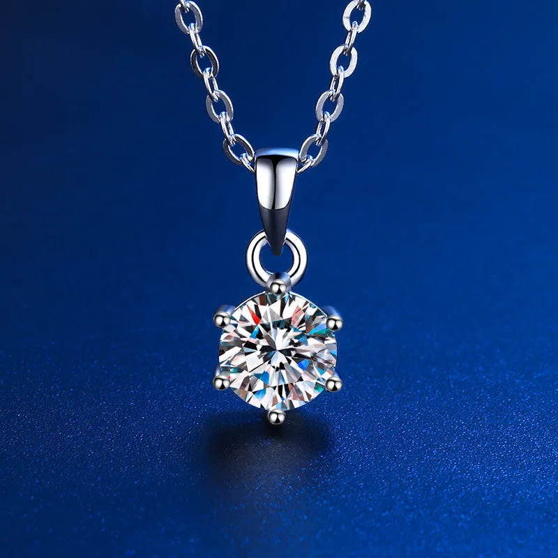 D Color Moissanite Classic 6 Prong Sterling Silver Pendant Necklace