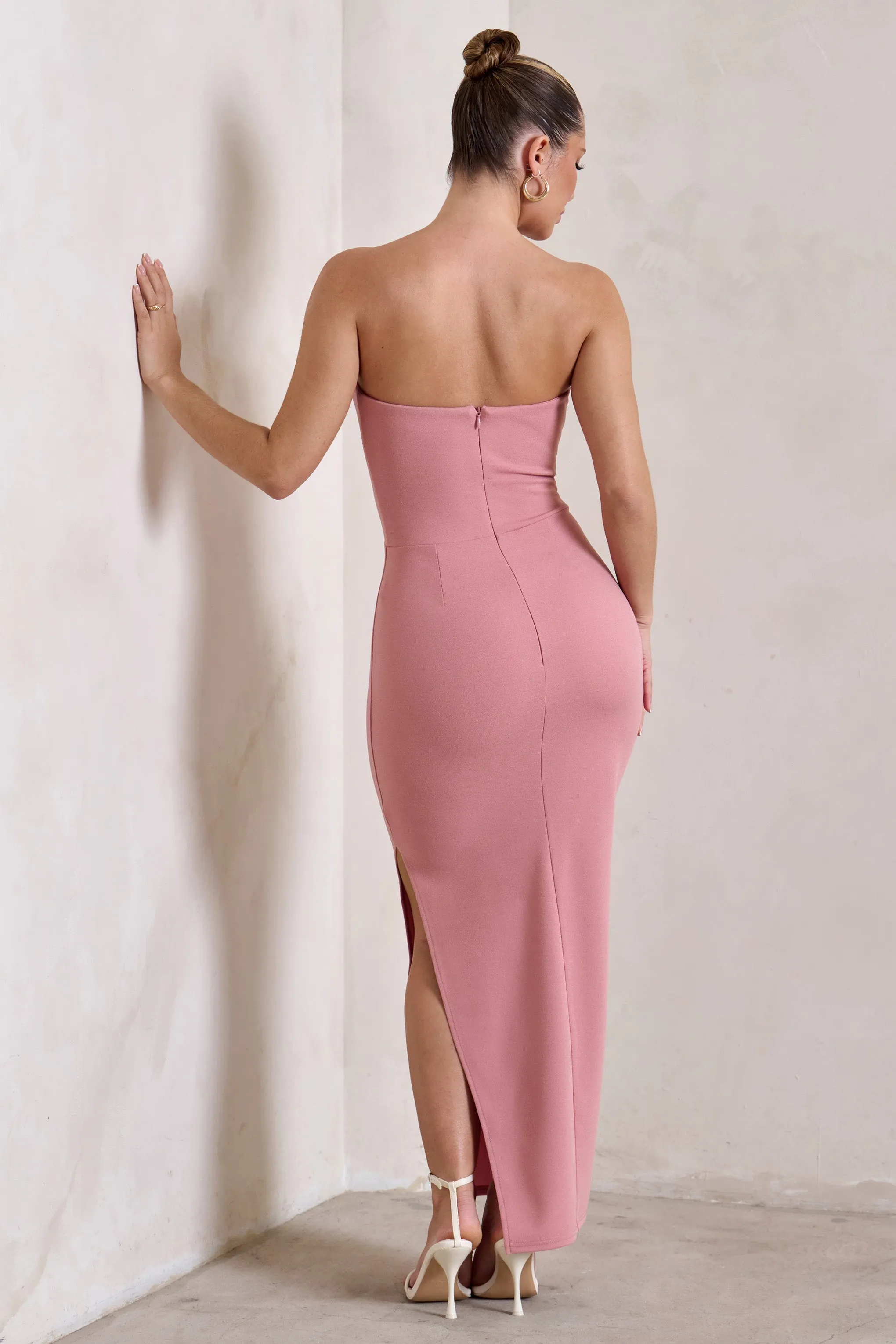 Dina | Powder Pink Bandeau Maxi Dress With Split