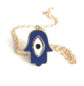 Enameled Royal Blue Hamsa Hand Evil Eye Necklace