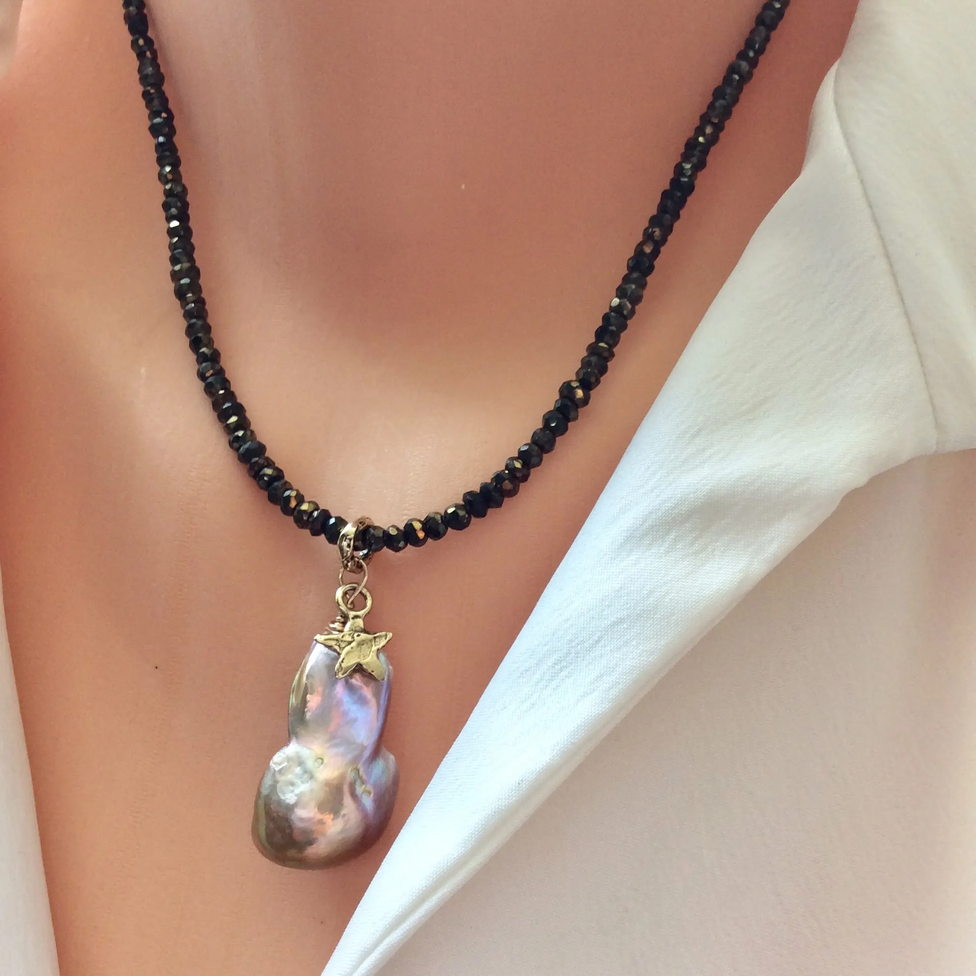 Genuine Baroque Pearl w Bronze Pyrite Necklace, Tiny Star Charm