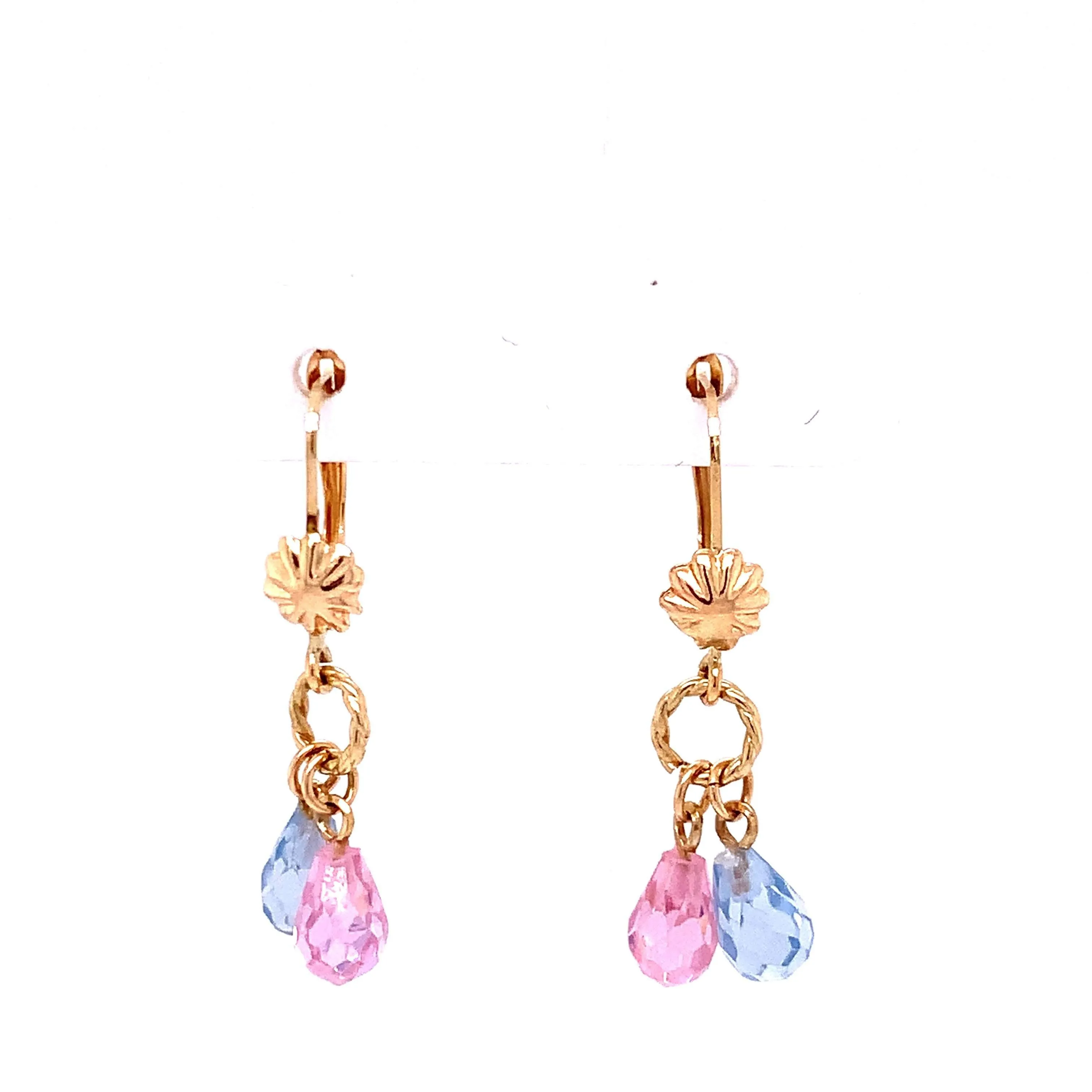 Hanging Double Circle Light Blue and Pink Gold Earrings