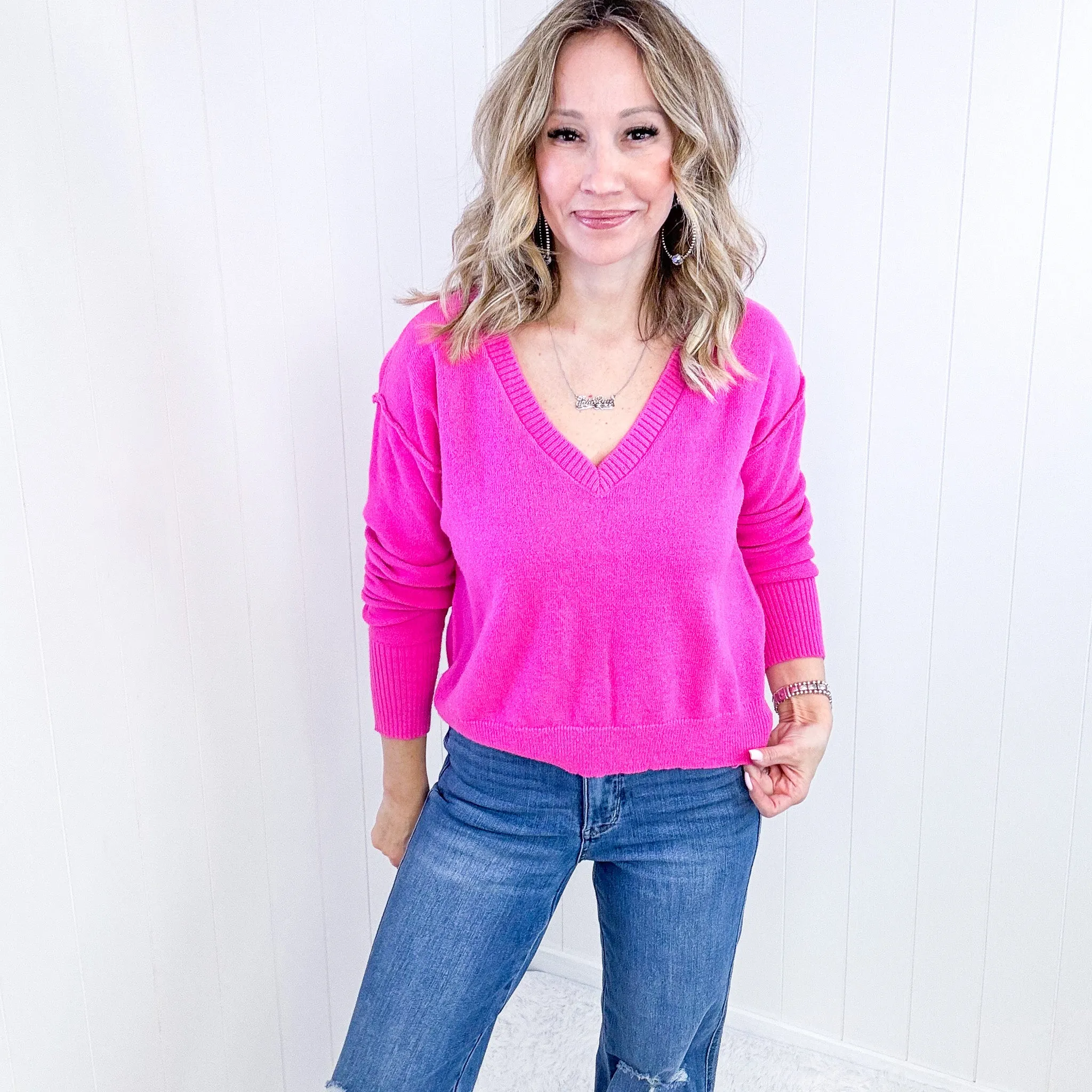 Hot Pink Back to Life V-Neck Sweater