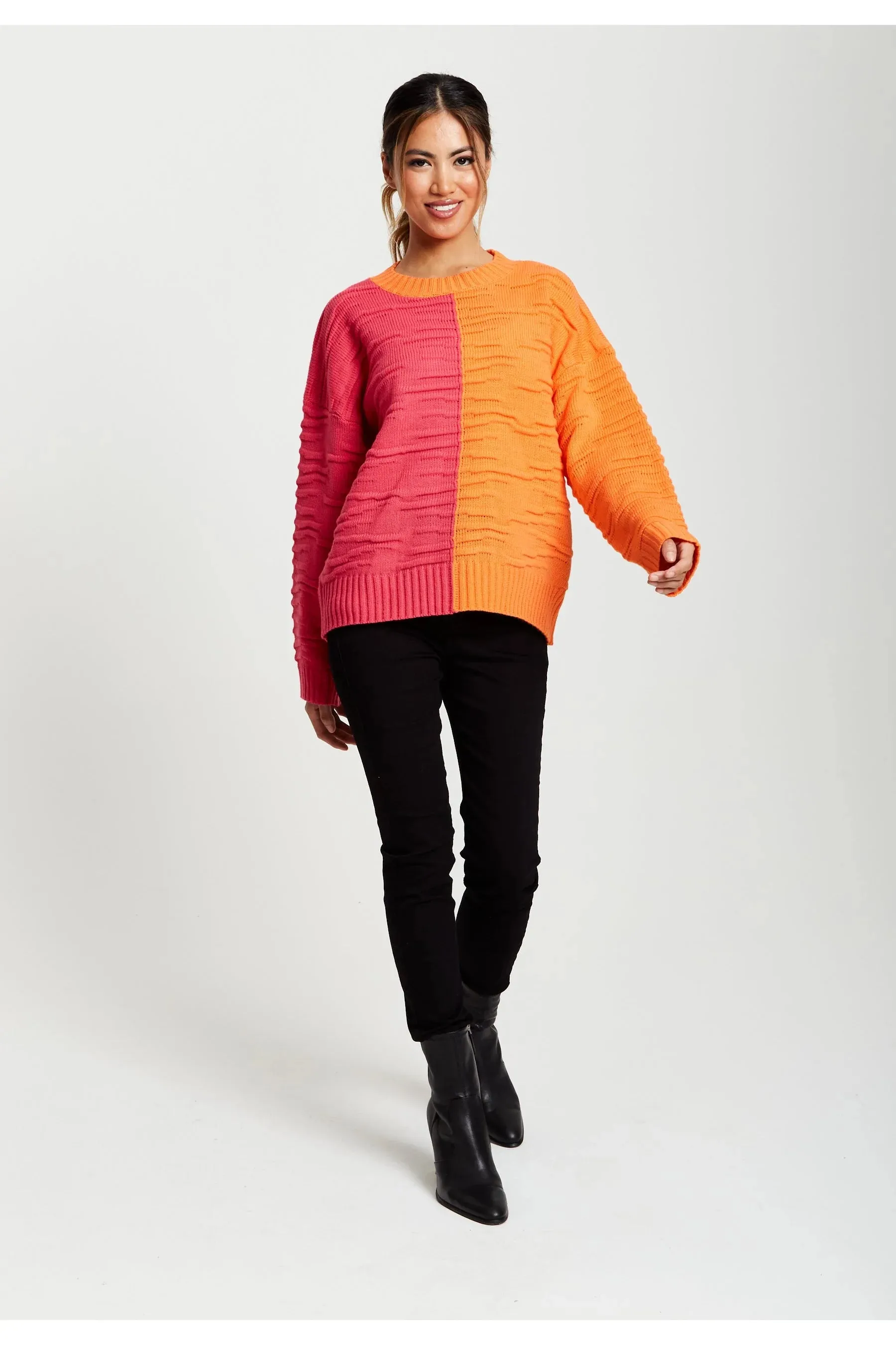 Liquorish Colour Block Jumper In Orange And Pink