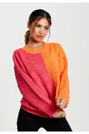 Liquorish Colour Block Jumper In Orange And Pink