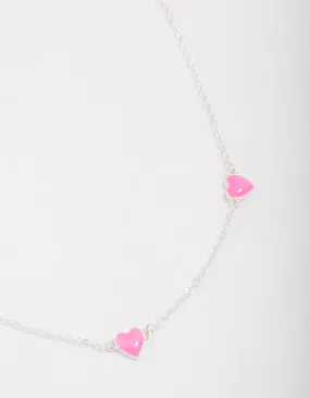 Silver Pink Enamel Heart Chain Necklace