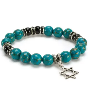 Turquoise 10mm Gemstone Elastic Bead Bracelet with Star of David Charm & Black Agate Accent Beads