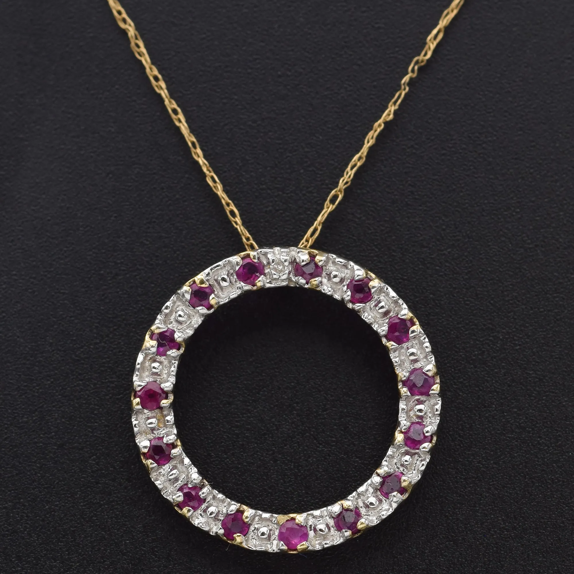 Vintage 10K Yellow Gold Ruby & Diamond Open Circle Pendant Necklace