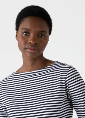 Women's Boat Neck T-shirt in White/Navy English Stripe