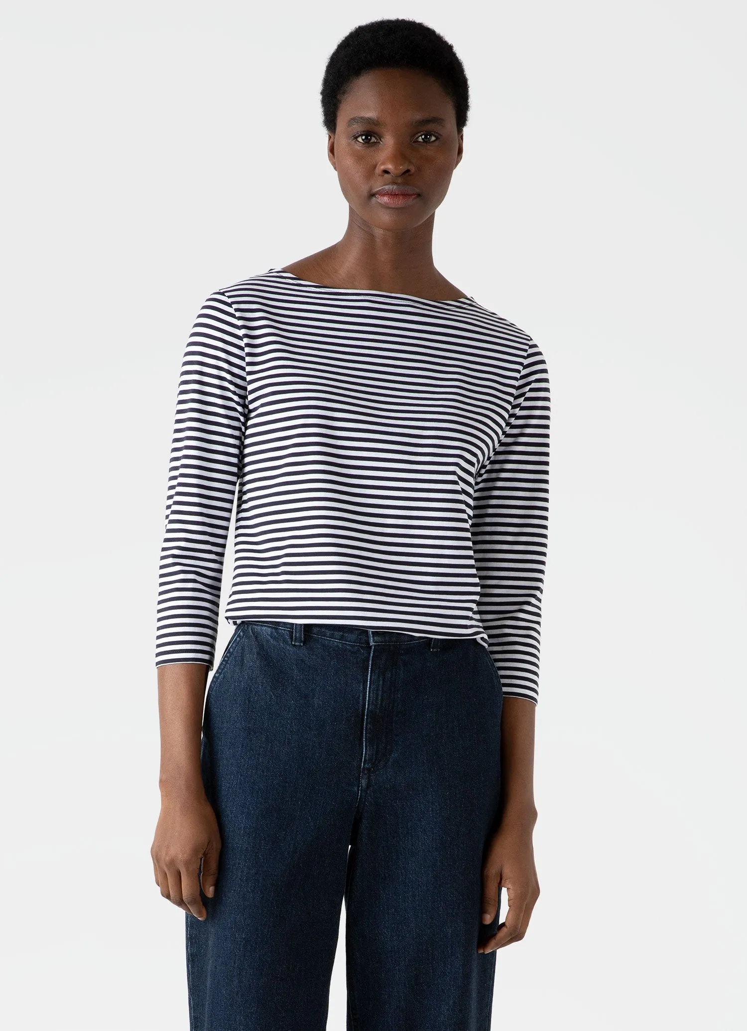 Women's Boat Neck T-shirt in White/Navy English Stripe