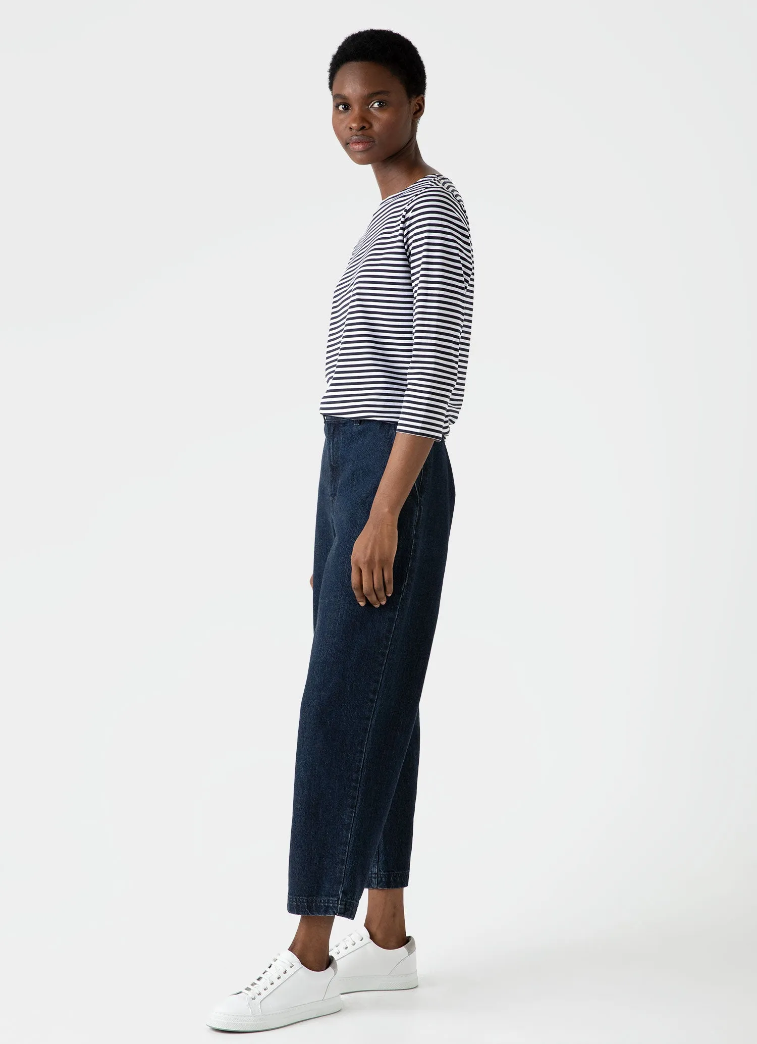 Women's Boat Neck T-shirt in White/Navy English Stripe